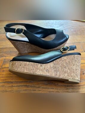 Stuart Weitzman Black Leather perp toe high Cork Wedge Slingbacks